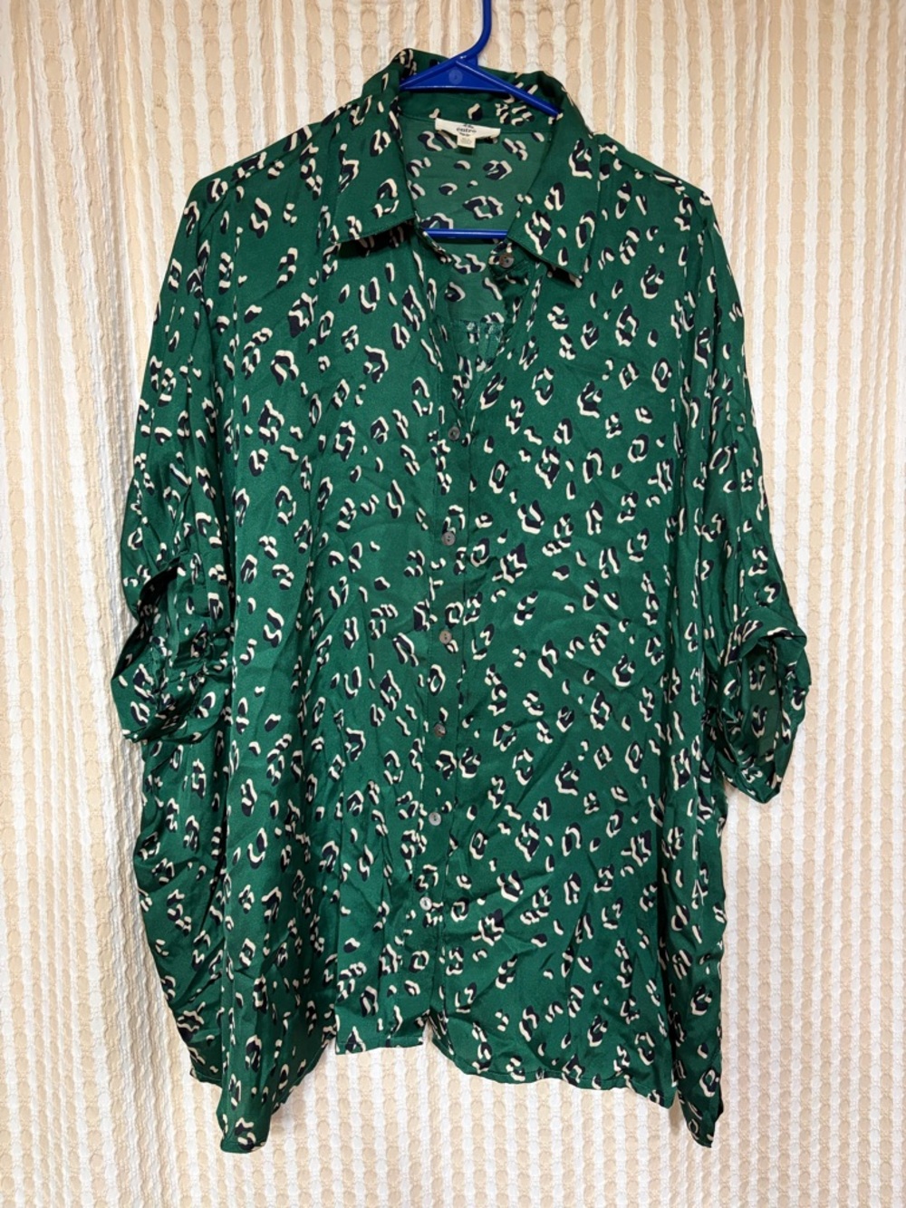 entro Green Leopard Print Blouse with Navy and Cream Spots